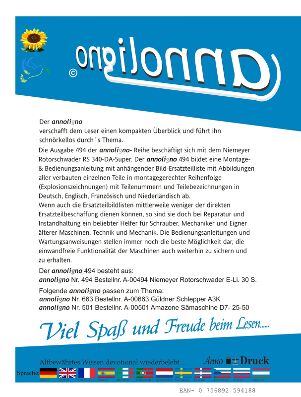Niemeyer & Söhne Schwader/Rotorschwader Typ RS 340-DA Super Bild- Ersatzteilliste & Explosionszeichnungen  - annoligno 494
